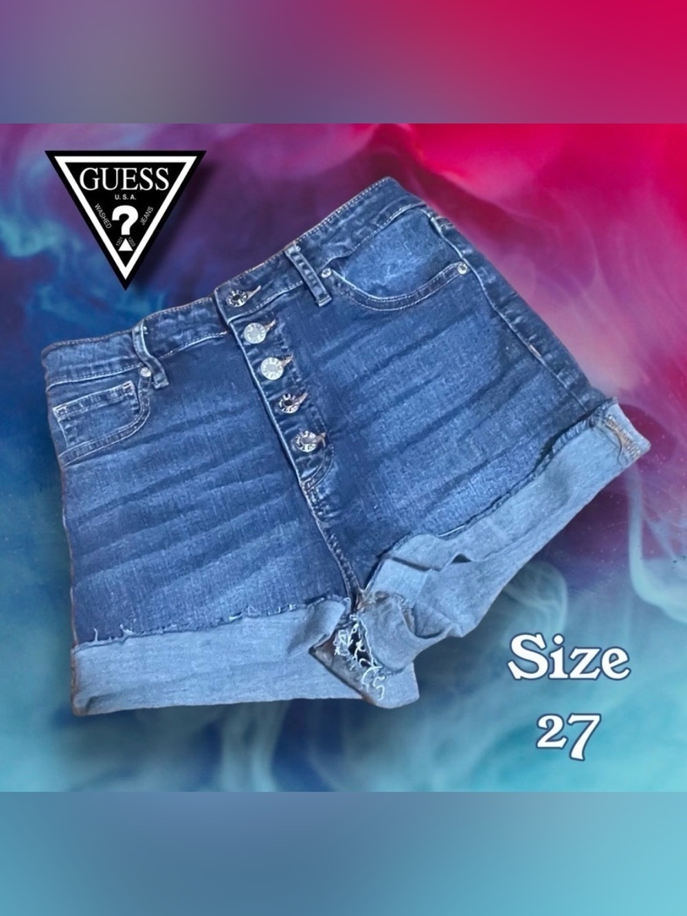 GUESS High Waisted Button Fly Raw Hem Sparkle Logo Jean Shorts Size 27